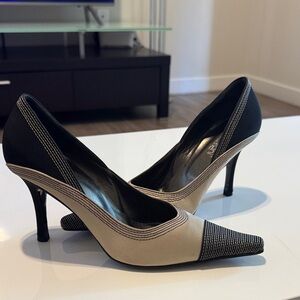 Versani Two-Tone Black and Beige Pointed Toe Heels